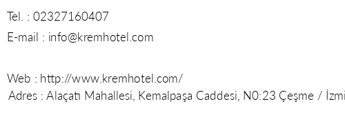 Krem Hotel telefon numaralar, faks, e-mail, posta adresi ve iletiim bilgileri